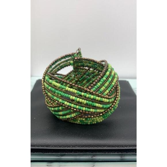 Handmade Braided Seed Bead Greens & Gold Cuff Memory Wire Cuff Bracelet Boho - Picture 1 of 3